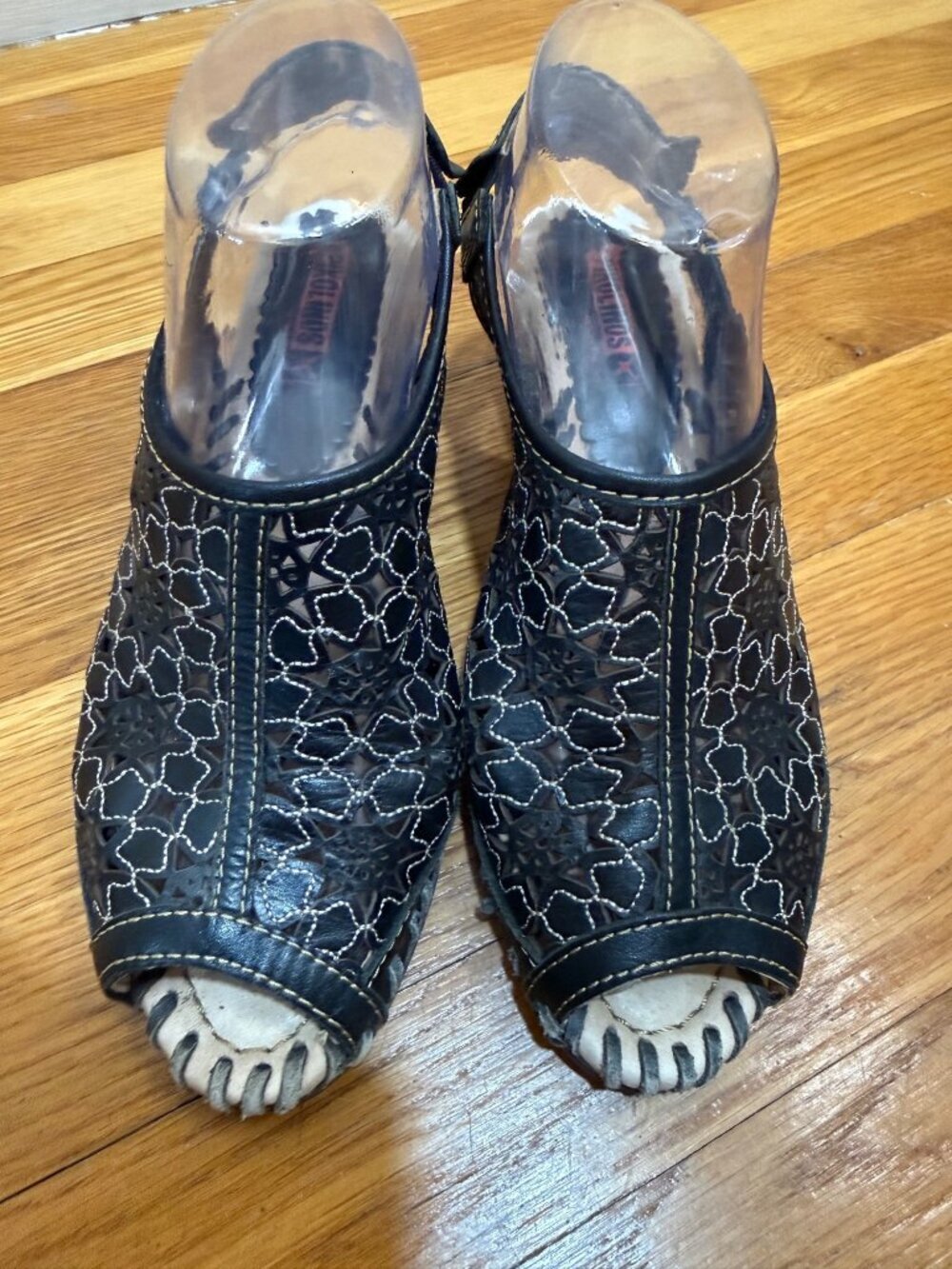 Pikolinos Punched Leather Eyelet Floral Cutout Peep-Toe Slingback Wedge Boho